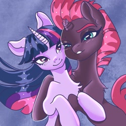 Size: 2048x2048 | Tagged: safe, artist:selkie, derpibooru import, tempest shadow, twilight sparkle, alicorn, pony, unicorn, broken horn, butch, chest fluff, duo, duo female, female, femme, horn, hug, lesbian, mare, shipping, tempestlight