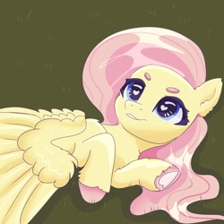 Size: 2048x2048 | Tagged: safe, artist:selkie, derpibooru import, fluttershy, pegasus, pony, g4, beanbrows, cute, eyebrows, female, heart, heart eyes, lying down, mare, shyabetes, solo, wingding eyes