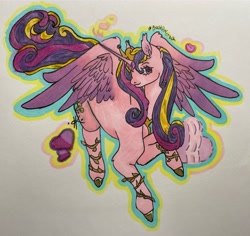 Size: 1872x1766 | Tagged: safe, artist:bastoncrack, derpibooru import, princess cadance, alicorn, pony, g4, female, flying, hoof shoes, jewelry, mare, peytral, regalia, simple background, solo, spread wings, traditional art, white background, wings