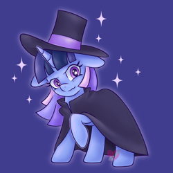 Size: 2048x2048 | Tagged: safe, artist:czscribbles, derpibooru import, oc, oc only, oc:flawless sparklemoon, pony, unicorn, blue background, cloak, clothes, female, fusion, fusion:trixie, fusion:twilight sparkle, fusion:twixie, hat, horn, looking at you, mare, my little pony the movie: the death of twilight sparkle, raised hoof, raised leg, simple background, smiling, smirk, solo, sparkles, top hat, unicorn oc