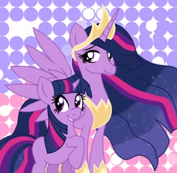 Size: 2048x1999 | Tagged: safe, artist:chaosimp2006, derpibooru import, princess twilight 2.0, twilight sparkle, twilight sparkle (alicorn), unicorn twilight, alicorn, pony, unicorn, g4, duality, duo, happy birthday mlp:fim, horn, mlp fim's fourteenth anniversary, older, older twilight, older twilight sparkle (alicorn), self paradox, self ponidox, simple background, time paradox, twolight