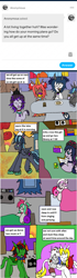 Size: 1177x4218 | Tagged: safe, artist:ask-luciavampire, derpibooru import, oc, bat pony, demon, demon pony, dracony, dragon, earth pony, hybrid, pegasus, pony, unicorn, ask, horn, morning, sleeping, tumblr