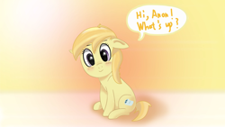 Size: 2560x1440 | Tagged: safe, artist:arch villain, derpibooru import, noi, earth pony, pony, blushing, female, filly, foal, gradient background, looking at you, sitting, solo, speech bubble, text