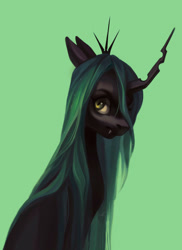 Size: 2186x3000 | Tagged: safe, artist:abri, derpibooru import, queen chrysalis, changeling, changeling queen, g4, fangs, female, green background, simple background, solo