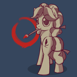 Size: 1024x1024 | Tagged: safe, artist:thunder chaser, derpibooru import, kettle corn, earth pony, pony, blue background, circle, drawing, female, filly, foal, grayscale, monochrome, mouth hold, paintbrush, simple background, solo