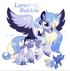 Size: 1080x1089 | Tagged: safe, artist:daria_chaykovskya, derpibooru import, derpy hooves, princess luna, oc, oc:lunar bubble, alicorn, pegasus, pony, g4, adoptable, adopted, base used, blaze (coat marking), blue eyes, coat markings, colored eartips, colored hooves, colored pinnae, colored wings, colored wingtips, countershading, eyeshadow, facial markings, female, flying, full body, fusion, fusion:derpy hooves, fusion:lunaderp, fusion:princess luna, hooves, makeup, mare, multicolored wings, obtrusive watermark, pale belly, s1 luna, shiny hooves, shiny mane, shiny tail, simple background, socks (coat marking), spread wings, unshorn fetlocks, watermark, white background, wings