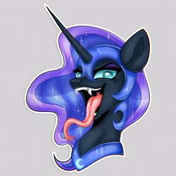 Size: 2560x2560 | Tagged: safe, artist:murny, derpibooru import, nightmare moon, alicorn, pony, bust, fangs, forked tongue, long tongue, mlp fim's fourteenth anniversary, open mouth, portrait, solo, sparkles, tongue, tongue out