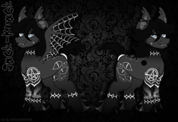 Size: 1457x999 | Tagged: safe, artist:woofpoods, derpibooru import, oc, oc only, oc:jack-knack, bat pony, pony, ear piercing, earring, gothic, jewelry, male, pentagram, piercing, reference sheet, solo, spooky, stallion, stallion oc, stitches, tattoo, unshorn fetlocks