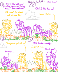 Size: 4779x6013 | Tagged: safe, artist:adorkabletwilightandfriends, derpibooru import, applejack, twilight sparkle, twilight sparkle (alicorn), alicorn, comic:adorkable twilight and friends, adorkable, adorkable twilight, carrying, cloud, cloudy, cute, dirty, dork, farm, friendship, girly, girly girl, happy, hat, helping, helpless, holding, mud, muddy, nervous, outdoors, overcast, pumpkin, pumpkin patch, silly, slice of life, smiling