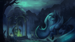 Size: 3840x2160 | Tagged: safe, artist:blvckmagic, derpibooru import, princess luna, alicorn, pony, g4, butt, crescent moon, female, looking at you, looking back, looking back at you, mare, moon, night, plot, ruins, scenery, scenery porn, solo, statue