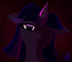 Size: 2539x2185 | Tagged: safe, artist:tamago, derpibooru import, twilight sparkle, unicorn twilight, pony, unicorn, g4, creepy, creepy smile, ears, female, floppy ears, horn, lidded eyes, looking at you, mare, scene interpretation, shadow, smiling, solo, twilight sparkle commits arson in the name of princess celestia