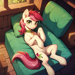 Size: 1024x1024 | Tagged: safe, ai content, derpibooru import, generator:pony diffusion v6 xl, generator:stable diffusion, machine learning generated, roseluck, pony, behaving like a cat, collar, cute, fluffy, looking at you, lying down, pet tag, pony pet, prompter:doom9454, rosepet, solo