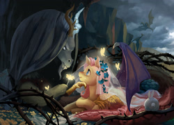 Size: 3142x2256 | Tagged: safe, artist:nora zhang, derpibooru import, discord, fluttershy, butterfly, draconequus, dragon, pegasus, pony, rabbit, g4, animal, cliff, cloud, cloudy, comforting, crying, duo focus, female, flower, flower in hair, hand on chin, hug, looking up, male, mare, thorn, veil, wing shelter, wings