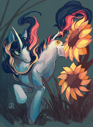 Size: 731x1000 | Tagged: safe, artist:not-unicorn, derpibooru import, oc, oc only, pony, unicorn, flower, horn, solo, sunflower