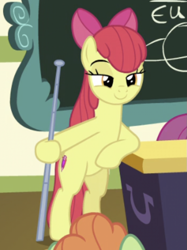 Size: 753x1007 | Tagged: safe, derpibooru import, screencap, apple bloom, shuffle step, earth pony, pony, g4, growing up is hard to do, being big is all it takes, bipedal, cropped, lidded eyes, older, older apple bloom, pointer, ponyville schoolhouse, smiling, solo focus