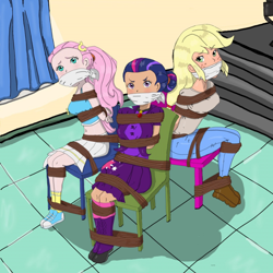 Size: 1080x1080 | Tagged: source needed, safe, artist:atmu, derpibooru import, applejack, fluttershy, twilight sparkle, human, equestria girls, g4, bondage, bound and gagged, cloth gag, female, gag, humanized, tied hair, tied to chair, tied up, trio, trio female