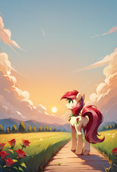 Size: 832x1216 | Tagged: safe, ai content, derpibooru import, generator:pony diffusion v6 xl, generator:stable diffusion, machine learning generated, roseluck, pony, cloud, collar, flower, grass, pet tag, pony pet, prompter:doom9454, rose, rosepet, solo, sun, walking