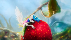 Size: 3840x2160 | Tagged: safe, artist:stdeadra, derpibooru import, princess celestia, alicorn, pony, g4, female, food, green background, mare, minimalist, plant, simple background, solo, speedpaint, strawberries, strawberry, tiny, tiny ponies