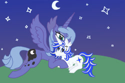 Size: 2048x1365 | Tagged: safe, artist:silverfishv9, derpibooru import, princess luna, oc, oc:azure star (silverfishv9), alicorn, pony, unicorn, blue coat, blue eyes, blue mane, cuddling, duo, female, filly, foal, gradient background, highlights, horn, magical lesbian spawn, mare, mlp fim's fourteenth anniversary, moon, mother and child, mother and daughter, night, offspring, parent and child, parent:princess celestia, parent:princess luna, parents:princest, product of incest, s1 luna, spread wings, stars, unicorn oc, white coat, wings