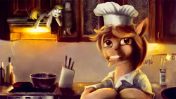 Size: 1503x845 | Tagged: safe, artist:stdeadra, derpibooru import, derpy hooves, oc, earth pony, pegasus, pony, g4, beard, clothes, cook, duo, facial hair, hat, kitchen, kitchen knife, knife, male, oblomoff, ponified, solo focus, species swap, stallion