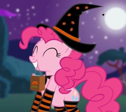 Size: 586x523 | Tagged: safe, artist:ironm17, derpibooru import, edit, pinkie pie, earth pony, pony, g4, ^^, eyes closed, female, halloween, hat, holiday, mare, nightmare night, solo, trick or treat, witch hat