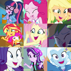 Size: 1920x1920 | Tagged: safe, derpibooru import, edit, edited screencap, screencap, applejack, fluttershy, pinkie pie, rainbow dash, rarity, sci-twi, starlight glimmer, sunset shimmer, trixie, twilight sparkle, human, better together, do it for the ponygram!, equestria girls, g4, legend of everfree, legend of everfree - bloopers, mirror magic, collage, equestria girls specials, female, geode of sugar bombs, geode of super strength, humane five, humane seven, humane six, laughing, magical geodes