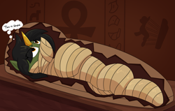 Size: 2821x1795 | Tagged: safe, artist:moonatik, derpibooru import, oc, oc only, oc:grim fate, pony, unicorn, ancient egypt, annoyed, bondage, bored, female, hieroglyphics, horn, mare, mummification, mummified, sarcophagus, solo, thought bubble, unicorn oc