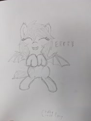 Size: 3072x4080 | Tagged: safe, artist:craftycirclepony, derpibooru import, oc, oc only, oc:fruit hulu, bat pony, ^^, bat pony oc, cute, cute little fangs, ear fluff, ears, eeee, eyes closed, fangs, female, hooves to the chest, open mouth, pencil drawing, sitting, sketch, solo, spread wings, traditional art, wings