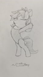 Size: 2268x4032 | Tagged: safe, artist:craftycirclepony, derpibooru import, oc, oc only, oc:susie supreme, pony, unicorn, armpits, bipedal, bow, chest fluff, clothes, cute, eyes closed, female, filly, foal, freckles, hair bow, horn, leotard, pencil drawing, sketch, smiling, solo, stretching, traditional art