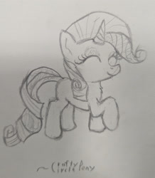 Size: 2535x2907 | Tagged: safe, artist:craftycirclepony, derpibooru import, rarity, unicorn, g4, ^^, chest fluff, cute, eyes closed, happy, horn, pencil drawing, raised hoof, raised leg, sketch, smiling, solo, traditional art