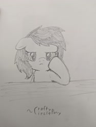 Size: 3072x4080 | Tagged: safe, artist:craftycirclepony, derpibooru import, oc, oc only, oc:anon filly, earth pony, unicorn, chest fluff, cute, ears, female, filly, floppy ears, foal, frown, hoof on cheek, horn, leaning, leaning on table, lidded eyes, looking at you, not vinyl scratch, pencil drawing, sketch, solo, table, traditional art, unamused