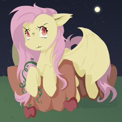 Size: 1000x1000 | Tagged: safe, artist:0liiver, derpibooru import, fluttershy, bat pony, pony, g4, >:3, apple, bat ponified, flutterbat, food, nightmare night, outdoors, pumpkin, race swap, solo