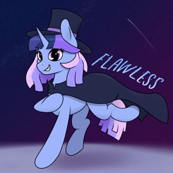 Size: 1800x1800 | Tagged: safe, artist:corecarnitine, derpibooru import, oc, oc only, oc:flawless sparklemoon, pony, unicorn, bipedal, cloak, clothes, female, fusion, fusion:trixie, fusion:twilight sparkle, fusion:twixie, grin, hat, horn, mare, my little pony the movie: the death of twilight sparkle, raised hoof, raised leg, shooting star, smiling, solo, sparkles, sparkly eyes, tail, top hat, unicorn oc, wingding eyes