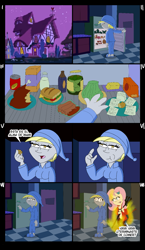 Size: 1033x1779 | Tagged: safe, derpibooru import, derpy hooves, fluttershy, human, pegasus, equestria girls, g4, clothes, comic, devil, fire, food, gelatin, kitchen, night, night suit, pajamas, refrigerator, sleeping, the simpsons