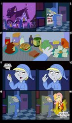 Size: 1033x1766 | Tagged: safe, derpibooru import, derpy hooves, fluttershy, human, pegasus, equestria girls, g4, clothes, comic, devil, devil horns, female, fire, food, gelatin, horns, kitchen, night, pajamas, reference, the simpsons