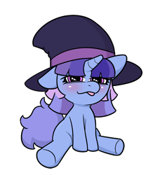 Size: 1348x1528 | Tagged: safe, artist:anonymous, derpibooru import, oc, oc only, oc:flawless sparklemoon, pony, unicorn, blushing, female, filly, foal, fusion, fusion:trixie, fusion:twilight sparkle, fusion:twixie, hat, horn, looking at you, my little pony the movie: the death of twilight sparkle, simple background, sitting, solo, starry eyes, tail, tongue, tongue out, top hat, unicorn oc, white background, wingding eyes