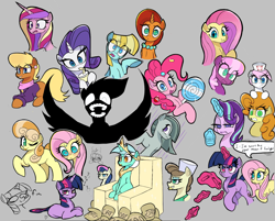 Size: 1884x1514 | Tagged: safe, artist:ponconcarnal, derpibooru import, bon bon, carrot top, cheerilee, fluttershy, golden harvest, helia, junebug, lyra heartstrings, marble pie, ms. harshwhinny, nurse redheart, pinkie pie, princess cadance, rarity, roma, starlight glimmer, stellar flare, sweetie drops, twilight sparkle, unicorn twilight, alicorn, earth pony, pegasus, pony, unicorn, g4, angry, candy, chair, chef's hat, clothes, confused, crown, drink, drinking, drinking straw, female, food, gray background, grin, hat, horn, jewelry, juice, lollipop, looking at you, magic, mare, necklace, nurse hat, oats, rain, regalia, simple background, sketch, sketch dump, smiling, speech bubble, starlight glimmer is not amused, sweat, telekinesis, tired, tongue, tongue out, tree branch, unamused, wall of tags