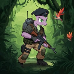 Size: 1024x1024 | Tagged: safe, ai content, derpibooru import, machine learning generated, spike, anthro, dragon, series:g.i. pony: a real equestrian hero, g4, backpack, beret, boots, clothes, cosplay, costume, dial-tone, forest, g.i. joe, generator:google imagen 3.0, gun, hat, jungle, male, military uniform, nature, outdoors, prompter:zerowinger, shoes, solo, special mission brazil, submachinegun, tree, uniform, weapon