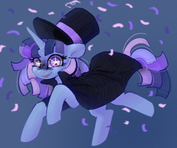 Size: 1654x1382 | Tagged: artist needed, safe, artist:anonymous, derpibooru import, oc, oc only, oc:flawless sparklemoon, pony, unicorn, cloak, clothes, confetti, female, fusion, fusion:trixie, fusion:twilight sparkle, fusion:twixie, hat, horn, mare, my little pony the movie: the death of twilight sparkle, open mouth, open smile, smiling, solo, starry eyes, tail, top hat, unicorn oc, wingding eyes