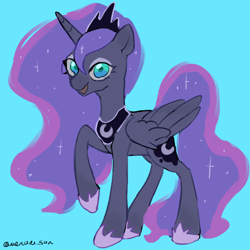 Size: 4096x4096 | Tagged: safe, artist:metaruscarlet, derpibooru import, princess luna, alicorn, pony, g4, blue background, crown, folded wings, glowing, glowing horn, horn, jewelry, looking at you, mlp fim's fourteenth anniversary, open mouth, raised hoof, raised leg, regalia, simple background, solo, wings