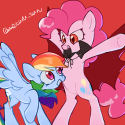 Size: 4096x4096 | Tagged: safe, artist:metaruscarlet, derpibooru import, pinkie pie, rainbow dash, earth pony, pegasus, pony, g4, bipedal, cape, clothes, duo, duo female, fangs, female, looking at each other, looking at someone, mare, mlp fim's fourteenth anniversary, nightmare night, open mouth, raised hoof, raised leg, red background, red eyes, simple background, spread hooves, spread wings, surprised, wings