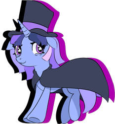 Size: 1031x1107 | Tagged: artist needed, safe, artist:anonymous, derpibooru import, oc, oc only, oc:flawless sparklemoon, pony, unicorn, cloak, clothes, ears, female, floppy ears, fusion, fusion:trixie, fusion:twilight sparkle, fusion:twixie, hat, horn, mare, my little pony the movie: the death of twilight sparkle, simple background, smiling, solo, starry eyes, top hat, transparent background, underhoof, unicorn oc, wingding eyes