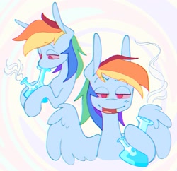 Size: 2048x1981 | Tagged: safe, artist:volchok, derpibooru import, rainbow dash, pegasus, pony, g4, bloodshot eyes, bong, chromatic aberration, drug use, drugs, eyebrows, eyebrows visible through hair, female, lidded eyes, looking at you, mare, marijuana, no pupils, open mouth, open smile, rainbow hash, rainbow high, smiling, smiling at you, solo, spread wings, wings