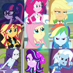 Size: 1920x1920 | Tagged: safe, derpibooru import, edit, edited screencap, screencap, applejack, fluttershy, pinkie pie, rainbow dash, rarity, sci-twi, starlight glimmer, sunset shimmer, trixie, twilight sparkle, human, equestria girls, g4, annoyed, applejack is best facemaker, applejack is not amused, bare shoulders, clothes, collage, fluttershy is best facemaker, fluttershy is not amused, humane five, humane seven, humane six, pinkie pie is not amused, rainbow dash is not amused, rarity is best facemaker, rarity is not amused, sci-twi is best facemaker, sci-twi is not amused, shoulderless, starlight glimmer is not amused, sunset shimmer is not amused, trixie is not amused, twibitch sparkle, twilight sparkle is not amused, unamused