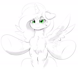 Size: 2091x1974 | Tagged: safe, artist:thelunarmoon, derpibooru import, oc, oc only, oc:lunar moon, alicorn, pony, alicorn oc, belly, belly button, chest fluff, ears, floppy ears, grayscale, horn, lidded eyes, looking at you, male, monochrome, partial color, simple background, smiling, smiling at you, solo, stallion, white background, wings