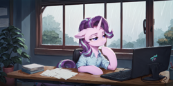 Size: 2400x1200 | Tagged: safe, ai content, derpibooru import, machine learning generated, starlight glimmer, pony, unicorn, clothes, horn, indoors, office, plant, potted plant, prompter:greesys, rain, shirt, solo, window