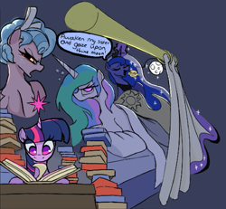 Size: 1693x1565 | Tagged: safe, artist:ponconcarnal, derpibooru import, cozy glow, princess celestia, princess luna, twilight sparkle, twilight sparkle (alicorn), alicorn, pegasus, pony, g4, blanket, book, burger, curtains, female, food, gray background, mare, moon, simple background, stars, tired, unamused