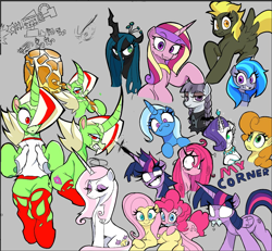 Size: 1184x1096 | Tagged: safe, artist:ponconcarnal, derpibooru import, carrot top, fleur-de-lis, fluttershy, golden harvest, inky rose, pinkie pie, princess cadance, queen chrysalis, rarity, trixie, twilight sparkle, twilight sparkle (alicorn), oc, oc:snowy peaks, alicorn, changeling, changeling queen, earth pony, pegasus, pony, unicorn, g4, clothes, dark magic, female, foaming at the mouth, freckles, goth, gray background, hammer, horn, insanity, jewelry, knife, looking at you, magic, mare, necklace, one eye closed, pinkamena diane pie, scarf, simple background, sketch, sketch dump