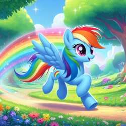 Size: 1024x1024 | Tagged: safe, ai content, derpibooru import, generator:bing image creator, generator:dall-e 3, machine learning generated, rainbow dash, pegasus, pony, g4, cloud, cute, dashabetes, female, flower, grass, outdoors, prompter:heydude5321, rainbow, solo, spread wings, tree, wings, wrong cutie mark