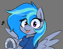 Size: 3105x2429 | Tagged: safe, artist:dowa, derpibooru import, oc, oc only, oc:snowy peaks, pegasus, pony, clothes, female, freckles, gray background, heart, horseshoes, looking at you, mare, pegasus oc, scarf, simple background, solo, spread wings, tongue, tongue out, wings